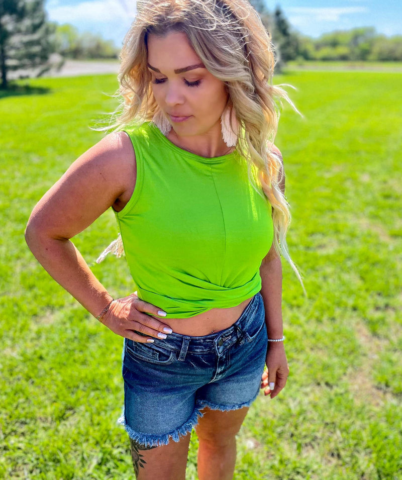Luxe Rayon Twist Front Sleeveless Green Top