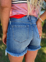 Stella Mid Rise Frayed Hem Medium Wash Shorts